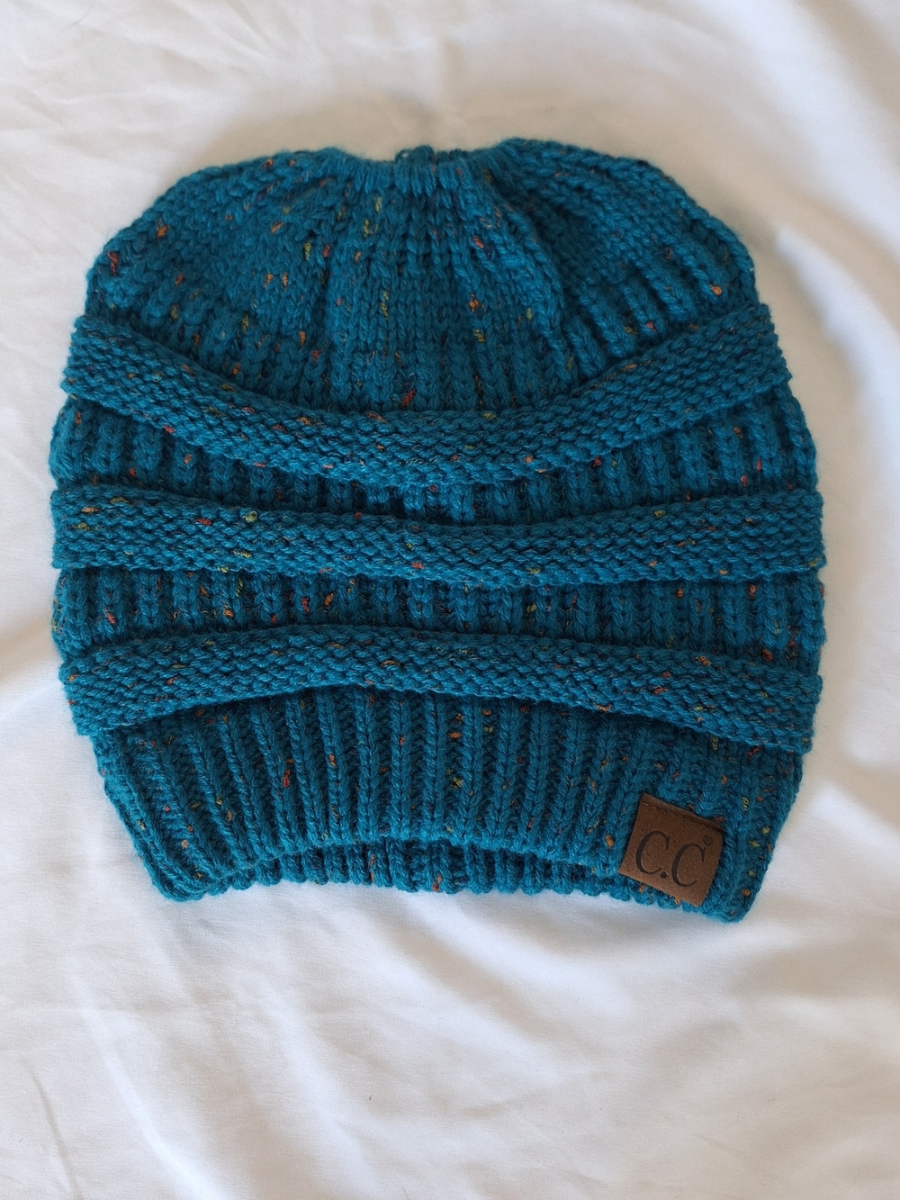 C.C Women Chunky Soft Ribbed Cable Knit Skull Cap Ponytail Beanie Hat Teal